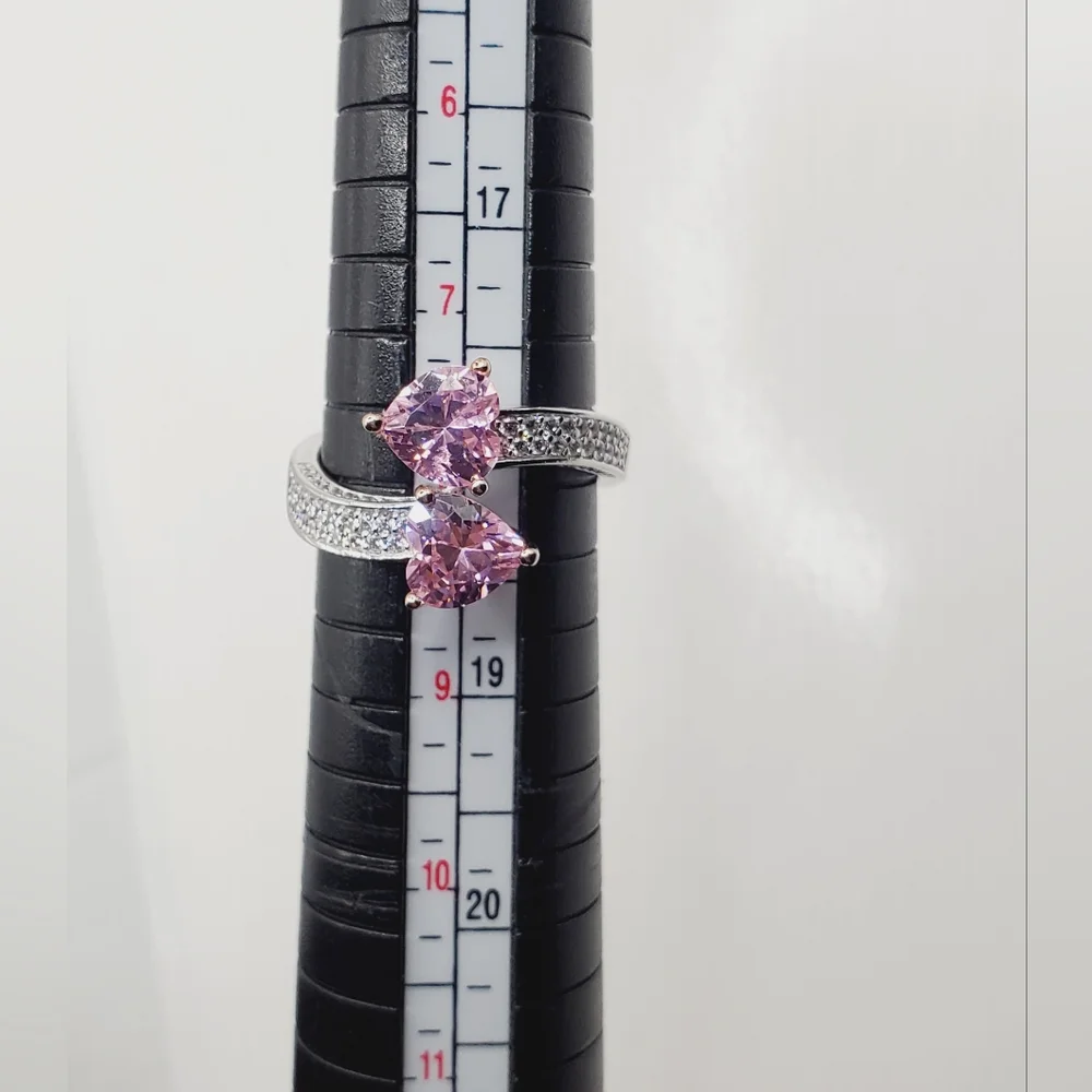 Pink Double Heart Silver Ring